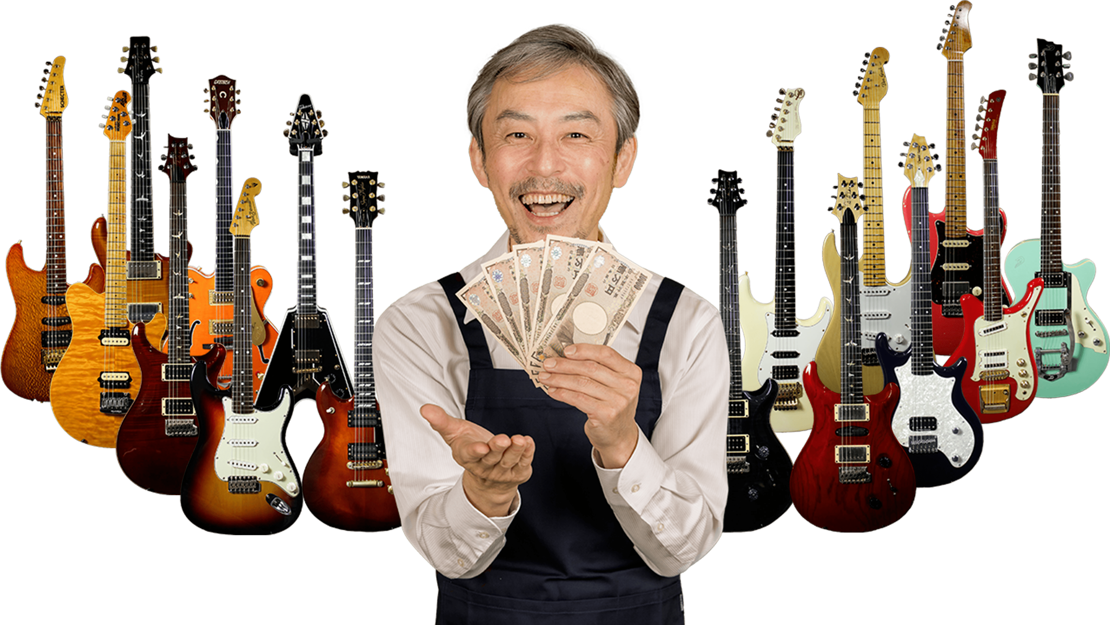 店長がお金を見せて笑っている写真