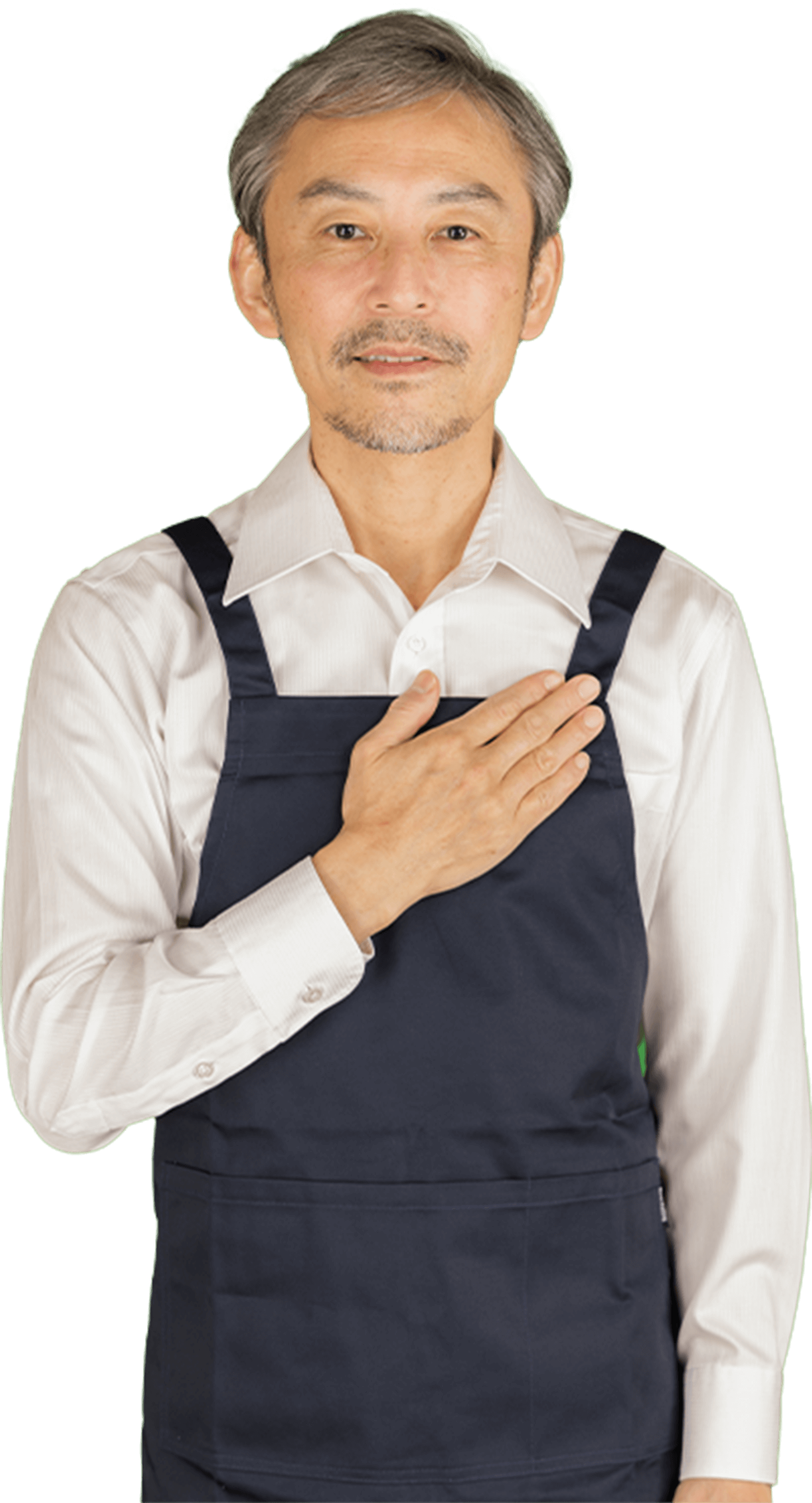 胸に手を当てる店長